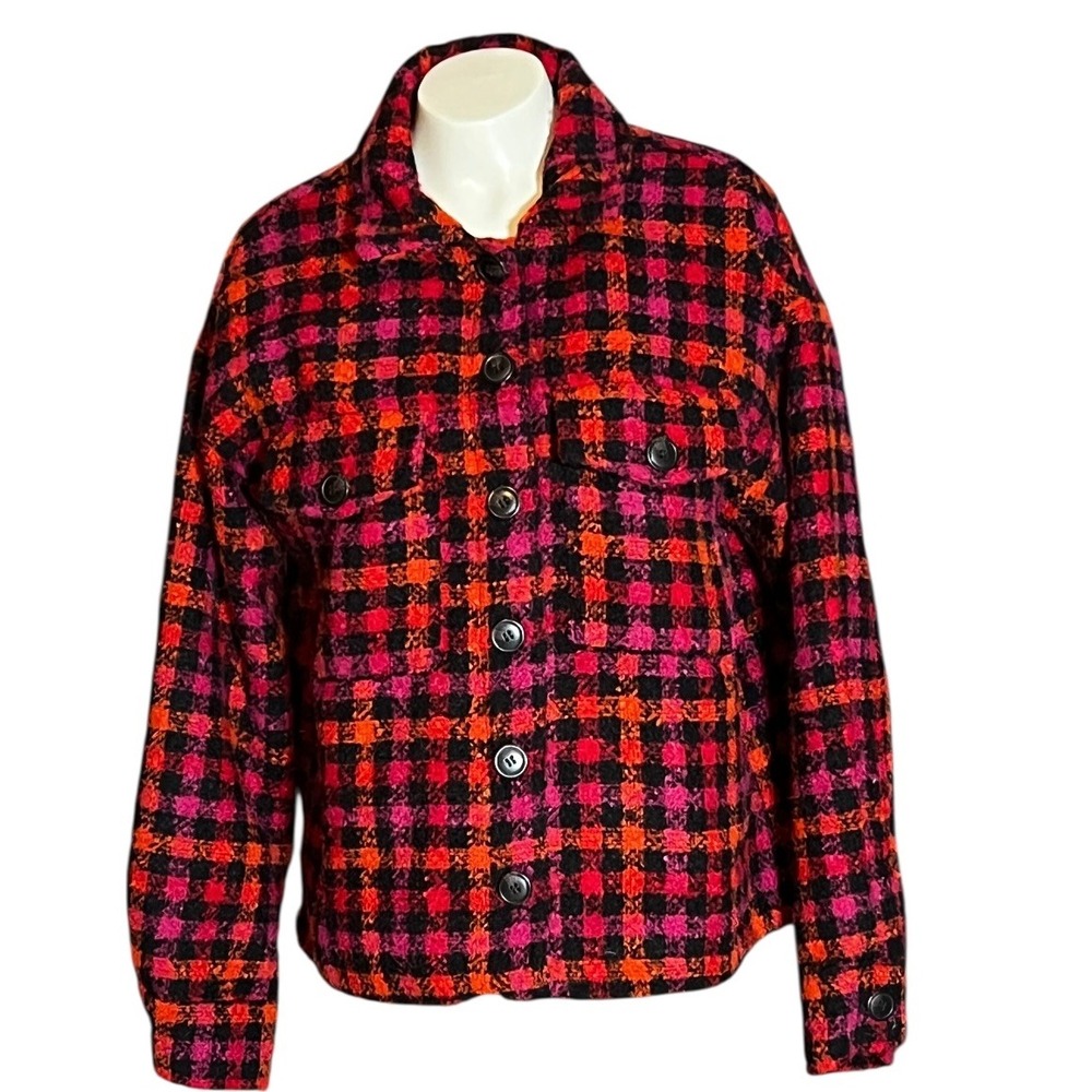 Sanctuary Plaid Button Up Shirt Jacket Pink Red Black Size Medium